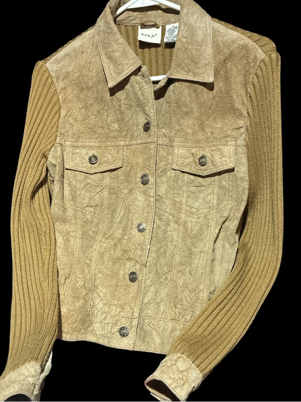 Vintage Y2K Kenji Tan Genuine Suede & Ribbed Knit Trucker Jacket - Size Medium